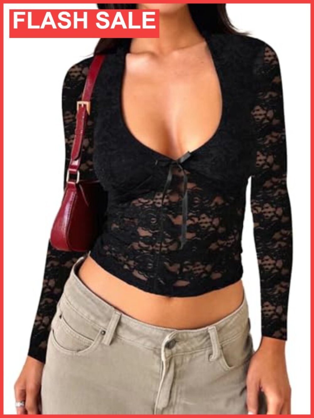 Lace Long Sleeve V-Neck Blouse Sheer Y2K Going Out Top